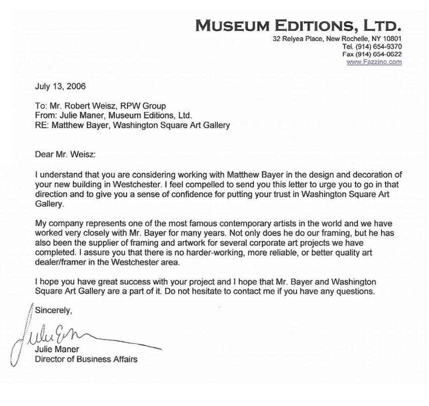 Letter of recommendation for Washington Square Gallery by Museum Editions LTD