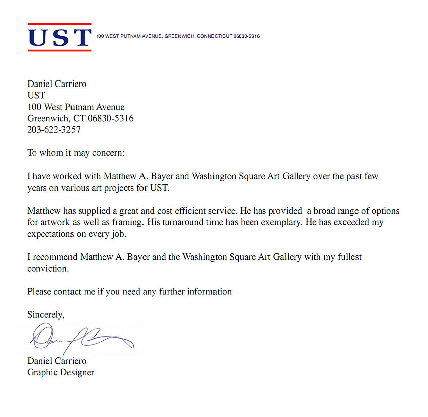 testimonial for Washington Square Gallery by UST Inc